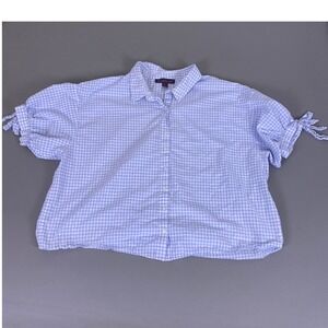 Gloria‎ Vanderbilt Blouse Women's 2X Blue Gingham Cotton Button Down Tie Sleeve